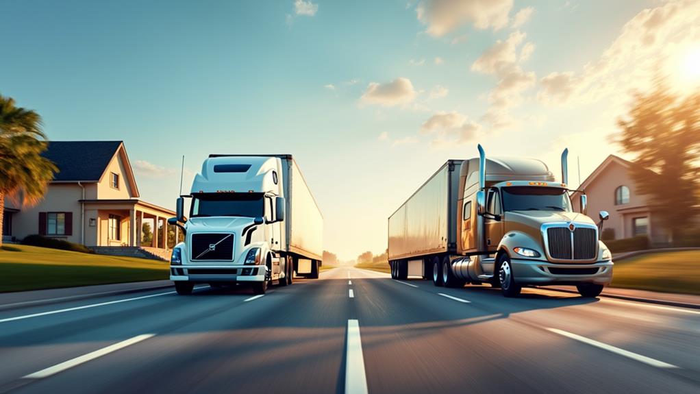 Two large trucks driving on a highway