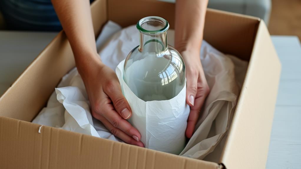 Packing a fragile glass bottle using tissue paper for protection.