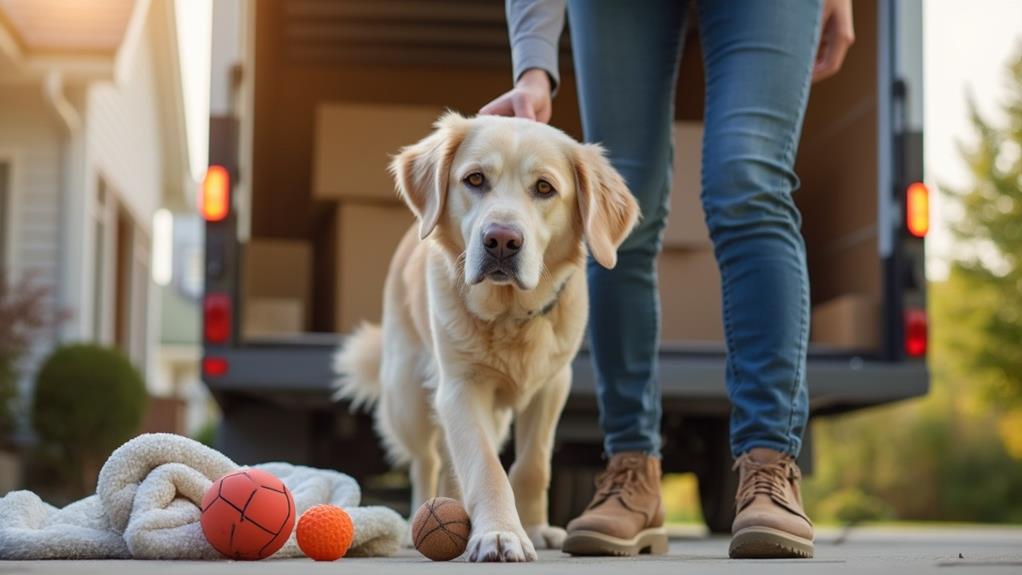 Dog waiting by moving truck.