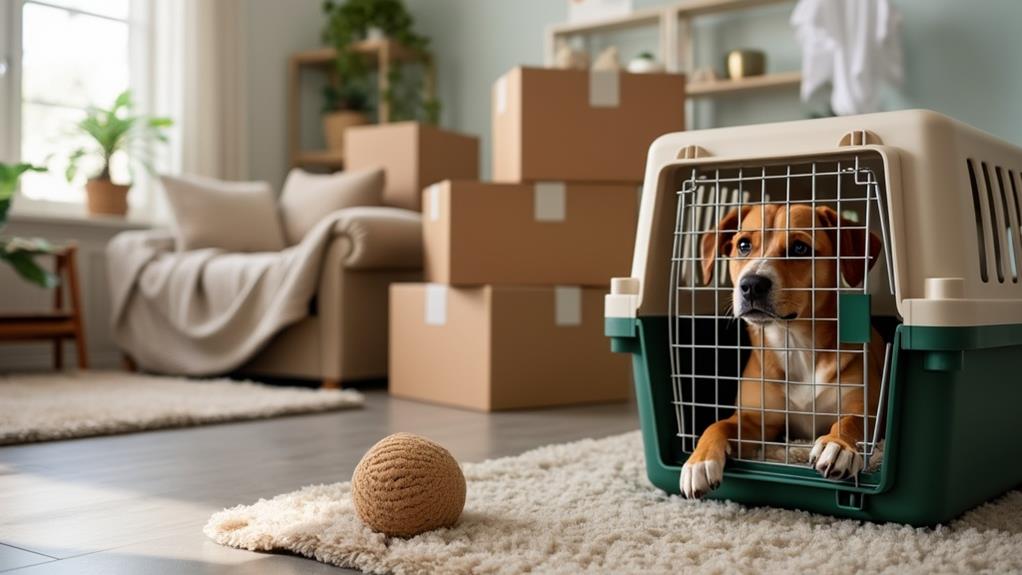 Dog in a carrier during a move.
